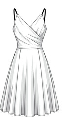 Chic Crossover Bodice Mini Dress Vector with Thin Straps. Women's Party Apparel Technical Flat Sketch.