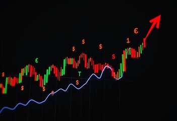Steeply falling financial charts with currency symbols overlaid on a dark background,  euro,  decline