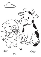 Coloring book pig playing harmonica beside a cow.