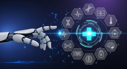 Robotic Arm Interacting with Medical Technology Interface on Dark Background, AI Healthcare Innovation: A Digital Transformation in Medicine and Patient Care