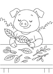 Coloring book pig making craft with leaves
