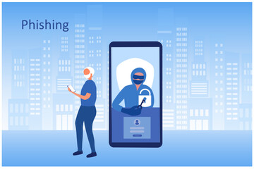 Phishing scam, hacker crime attack and personal data security for senior people. Hacker try to unlock the key on credit card and phishing account, stealing password. cyber security vector illustration