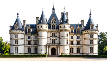 Fototapeta premium White French Chateau with Conical Towers under Sunny Sky