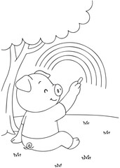 Coloring book pig drawing a rainbow in the sky.