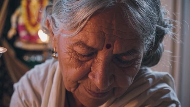 An elderly woman prepares for a traditional cultural ritual at home in India. Soft lights illuminate her surroundings, creating a serene atmosphere. The event reflects rich heritage and family values