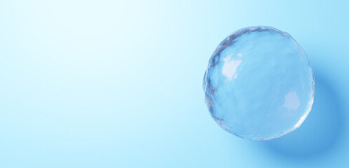 3D Illustration.Water sphere floating on light blue background. Drops of water. Copy space.(Horizontal)
