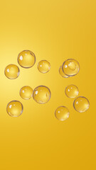 3D Illustration.Transparent, beautiful spherical liquid on a golden background. Multiple. (Vertical)