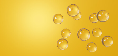 3D Illustration.Transparent, beautiful spherical liquid on a golden background. Multiple.Copy space. (Horizontal)