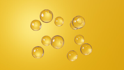 3D Illustration.Transparent, beautiful spherical liquid on a golden background. Multiple. (Horizontal)