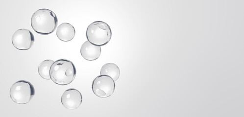 3D Illustration.Transparent, beautiful spherical liquid on a white background. Multiple. Copy space.(Horizontal)