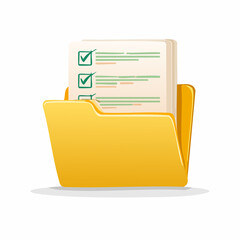 Simple graphic of a yellow folder with papers and checkmarks, ideal for business, office, data management, documentation, filing, or administrative tasks.
