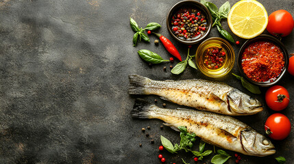 Ocean Bounty on Black Stone: Fresh Seafood with Lemon and Ice. Ideal for Menu or Poster, Fresh fish seabass and ingredients for cooking. Raw fish seabass with spices and herbs on a dark table