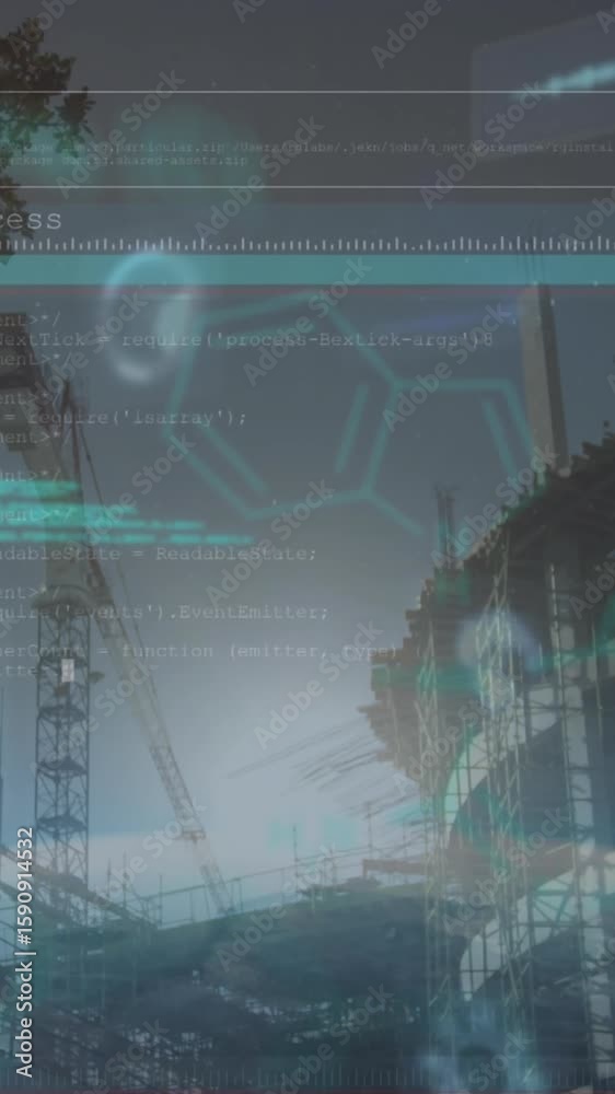 Poster animation of programming language, abstract patterns over globe against under construction building