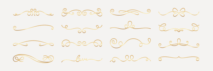 Vector set. Elegant gold swirls and flourishes. Decorative gold swirls for design. Use these gold flourishes for invitations. Gold swirls add elegance to any project. Hand drawn ornament vector set.