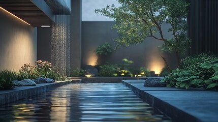 A serene garden with a water feature and lush greenery illuminated by soft ambient lighting at dusk