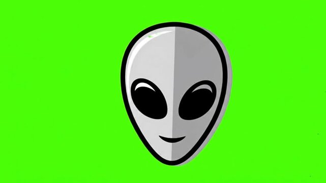 A cartoon alien head with large black eyes and a simple smile is set against a vibrant green background