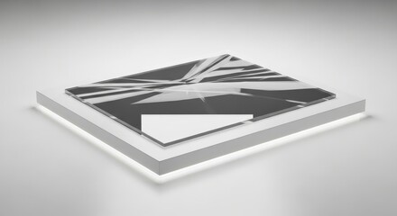 A geometric glass shape rests on a white platform