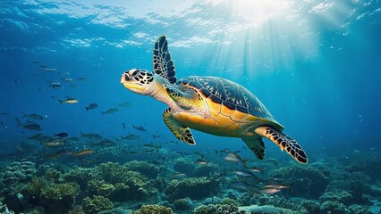 Obraz premium Underwater scene features a majestic sea turtle gliding through vibrant coral reefs, surrounded by diverse marine life, clear blue waters, illuminated by warm sunlight creating a mesmerizing spectacle