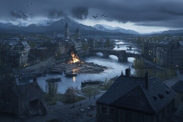 Panoramic view of a devastated city at twilight.
