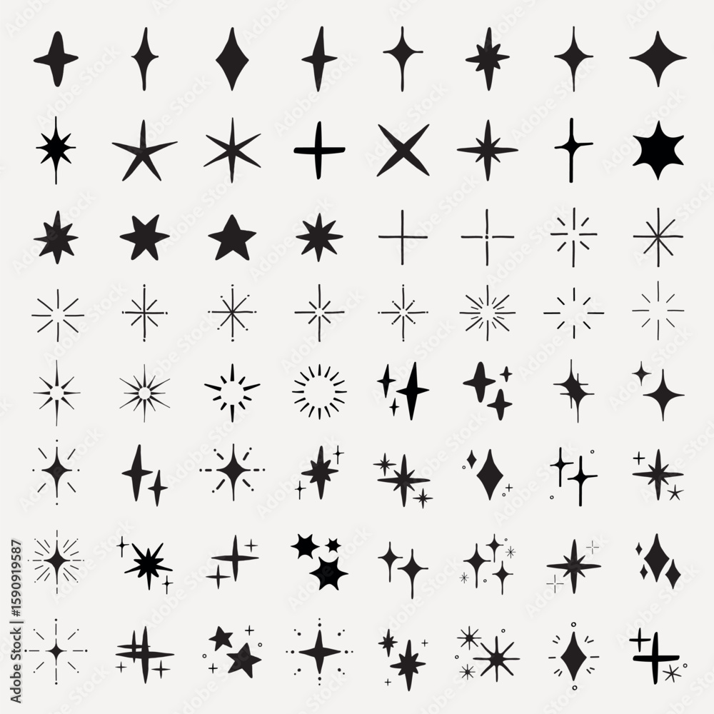 Poster a collection of star and sparkle icons in various shapes. star shapes and sparkle designs in a minim