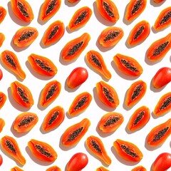 Fototapeta premium Flatlay Papaya Seamless Pattern on White Background