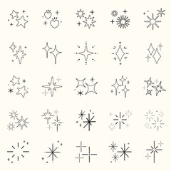 A collection of star and sparkle icons in various shapes. Star shapes and sparkle designs in a minimalist style. Perfect for star-themed projects and sparkle effects. Element vector set.