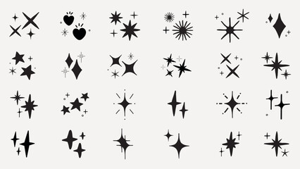 Fototapeta premium A collection of star and sparkle icons in various shapes. Star shapes and sparkle designs in a minimalist style. Perfect for star-themed projects and sparkle effects. Element vector set.