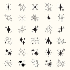 A collection of star and sparkle icons in various shapes. Star shapes and sparkle designs in a minimalist style. Perfect for star-themed projects and sparkle effects. Element vector set.