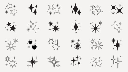 A collection of star and sparkle icons in various shapes. Star shapes and sparkle designs in a minimalist style. Perfect for star-themed projects and sparkle effects. Element vector set.
