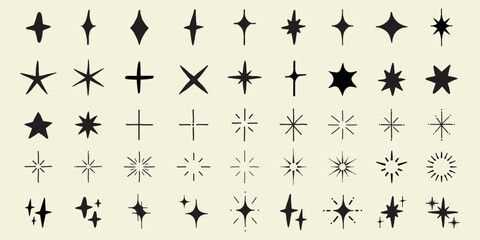 A collection of star and sparkle icons in various shapes. Star shapes and sparkle designs in a minimalist style. Perfect for star-themed projects and sparkle effects. Element vector set.