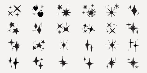 A collection of star and sparkle icons in various shapes. Star shapes and sparkle designs in a minimalist style. Perfect for star-themed projects and sparkle effects. Element vector set.