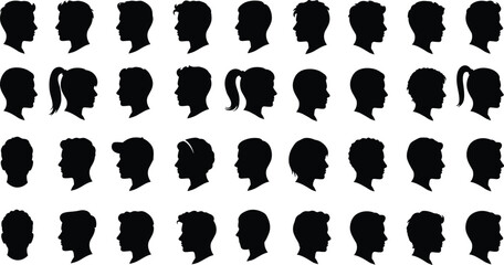 Diverse human head silhouette profiles collection, cad drawing flat vector illustration, graphic design template, stock image, artistic layout, editable shapes