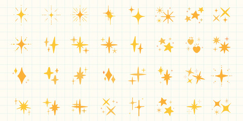 Collection of yellow star and sparkle icons on a grid background. Stars and sparkles in various shapes and sizes. Bright yellow star and sparkle designs. Element vector set.