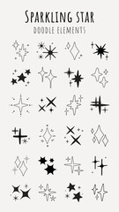 Collection of sparkling star doodles. Various star shapes and sparkling designs. Perfect for creative projects. Star doodles add sparkle and charm. Element vector set.