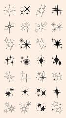 Collection of star and sparkle icons. Various star shapes and sparkle designs. Simple star and sparkle illustrations on a light background. Element vector set.