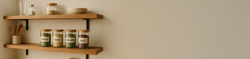 banner minimal wooden shelves with labeled glass jars of superfood powders including matcha, maca, chlorella and acai, modern kitchen interior with neutral tones and natural light