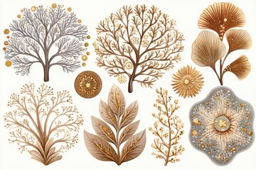 Gold And Silver Abstract Plants Set On White Background