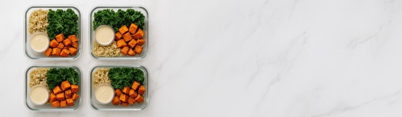 banner overhead view of four healthy vegan meal prep containers with kale, roasted sweet potatoes, quinoa, and tahini dressing, arranged neatly on a marble countertop with copy space on the right