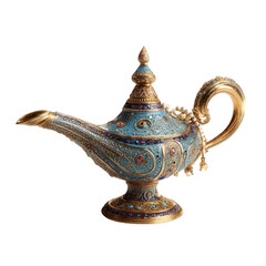 Ornate, light-blue genie lamp with gold detailing, a curved spout, and a pearl-adorned handle