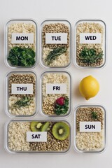 weekly meal prep containers labeled by day of the week — organized healthy lunches with grains, greens, fruit and legumes for clean eating routine and minimalist food planning
