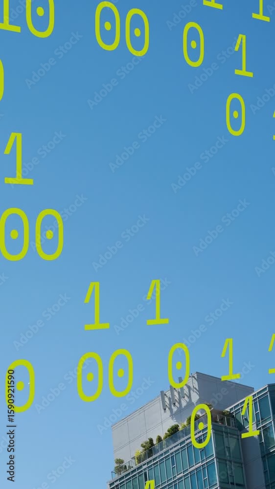Poster Animation of binary coding data processing over tall buildings against blue sky