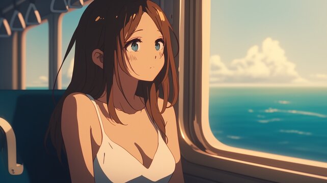 電車で座っているアニメ調の美少女