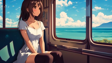 電車で座っているアニメ調の美少女