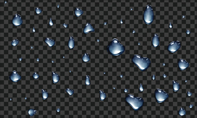 Vector water drop, drops, droplets. PNG drops, condensation on glass, on various surfaces. Realistic drops on a transparent background. Rain and dew.