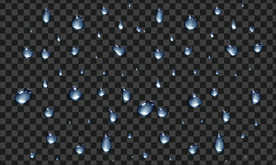 Vector water drop, drops, droplets. PNG drops, condensation on glass, on various surfaces. Realistic drops on a transparent background. Rain and dew.