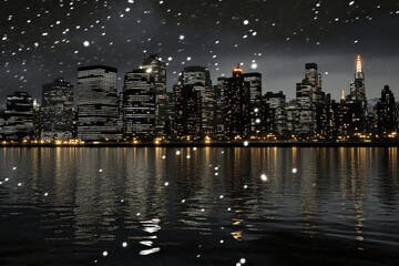 Obraz premium Illuminated city skyline reflecting on dark water during a snowfall.