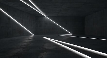 Cavernous concrete chamber with light rays, dust, surreal futuristic atmosphere.