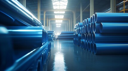 Obraz premium Pipes Storage Facility: A Vast Blue Pipes Storage Facility with Pipes, Stacked and Organized, Ready for Distribution