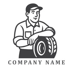 Black and white vector logo of a mechanic man leaning on a tire, wearing a work shirt and cap, illustrated with clean lines and bold outlines for a strong, professional look.