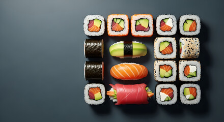 Authentic Japanese Sushi Assortment: Nigiri, Maki, Uramaki on Dark Background with Copy Space